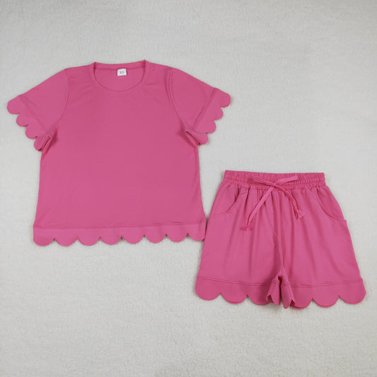 GSSO3204 Adult Female Solid Cotton Rose Red Ruffle Short Sleeve Shorts Sets 202603 RTS