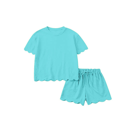 MOQ 5 PCS preorder GSSO3208 Adult Female Solid Cotton Blue Green Ruffle Short Sleeve Shorts Sets 202601