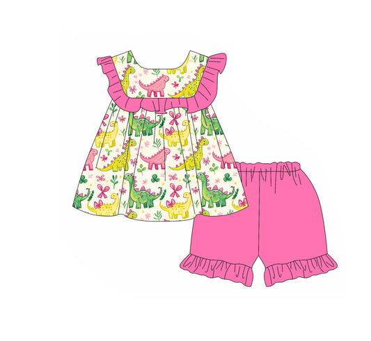 MOQ 5 PCS Preorder GSSO3210 Dinosaur Flower Leaf Bows Rose Red Ruffle Fly Sleeve Shorts Girls Sets 202601