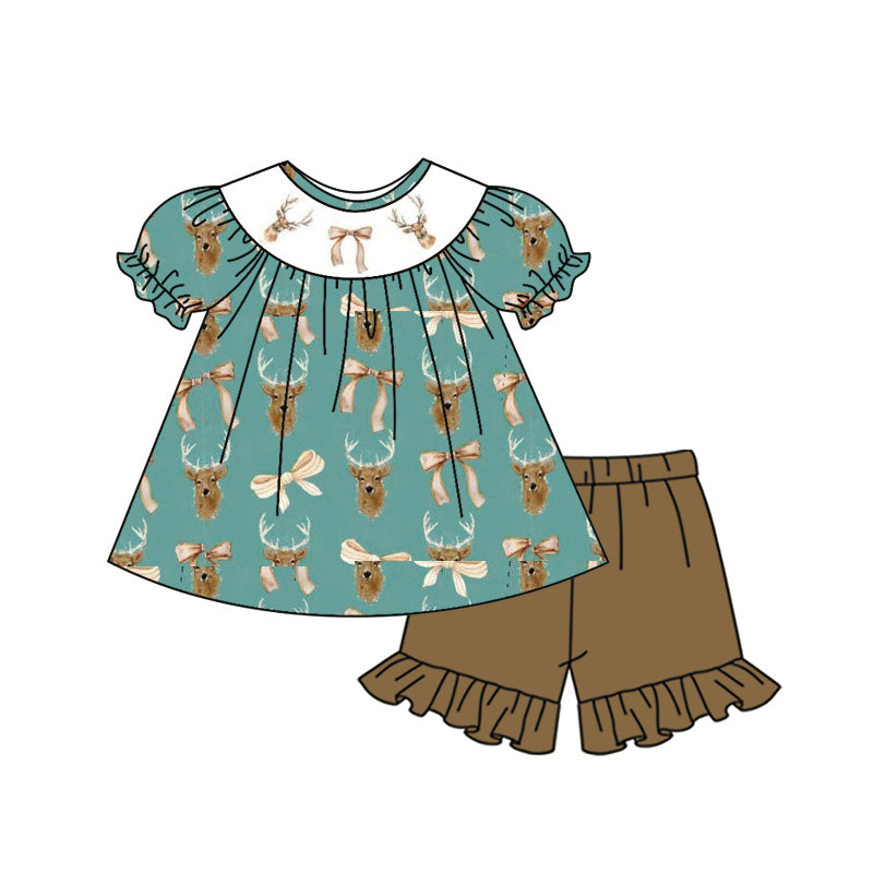 MOQ 5 PCS Preorder GSSO3212 Deer Hunting Bows Short Sleeve Brown Ruffle Shorts Girls Sets 202601