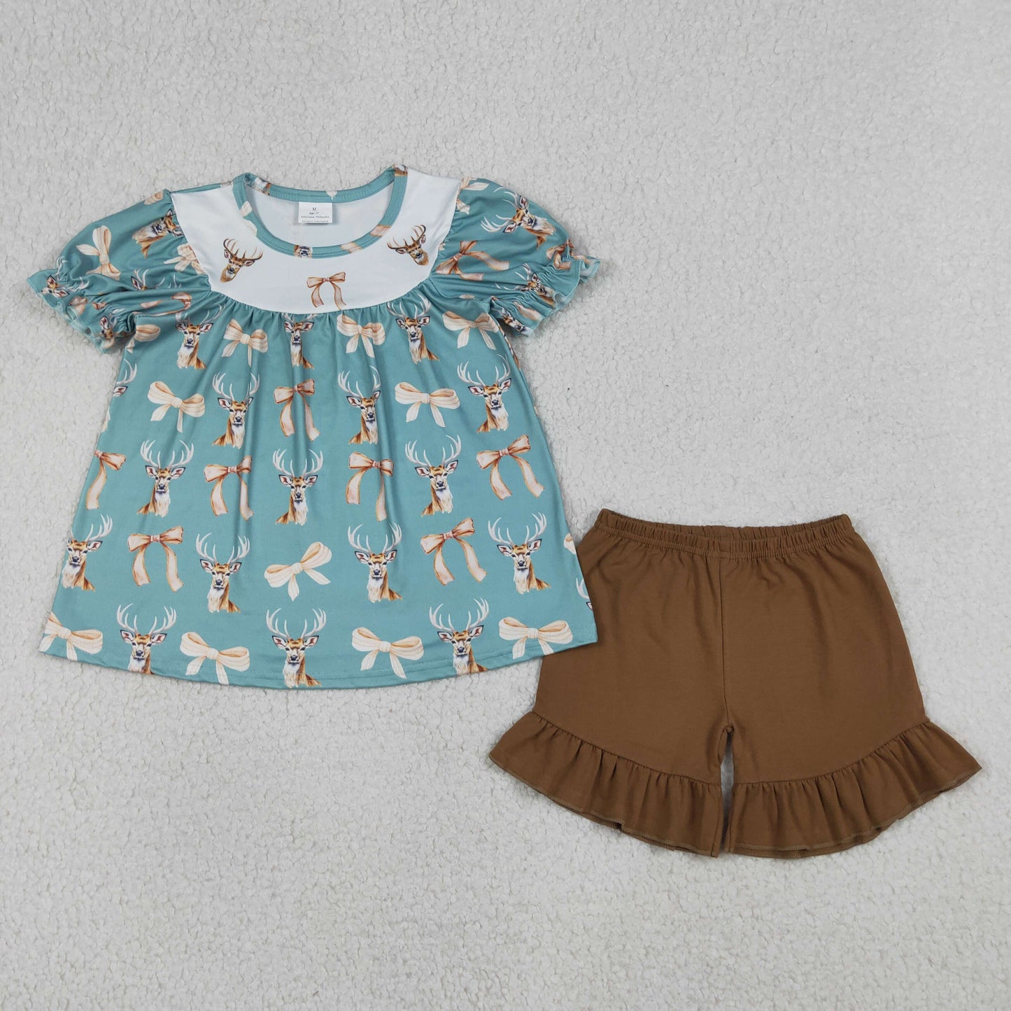 GSSO3212 Deer Hunting Bows Short Sleeve Brown Ruffle Shorts Girls Sets 202604 RTS