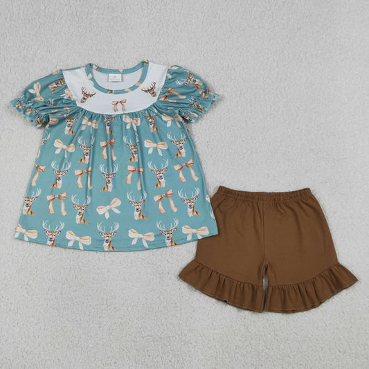 GSSO3212 Deer Hunting Bows Short Sleeve Brown Ruffle Shorts Girls Sets 202604 RTS