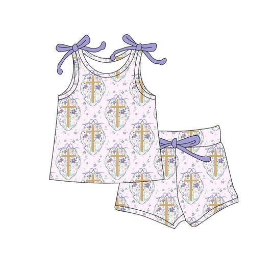MOQ 5 PCS Preorder GSSO3213 Easter Cross Flower Purple Sleeveless Shorts Girls Sets 202601