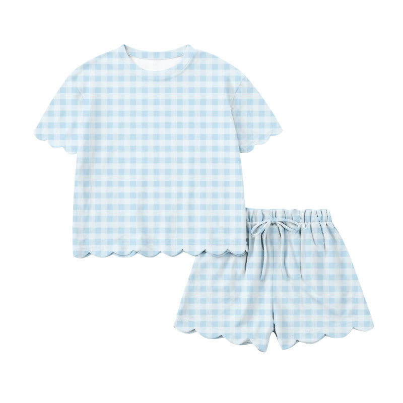 MOQ 5 PCS preorder GSSO3217 Adult Female Light Blue Plaid Ruffle Short Sleeve Shorts Sets 202601