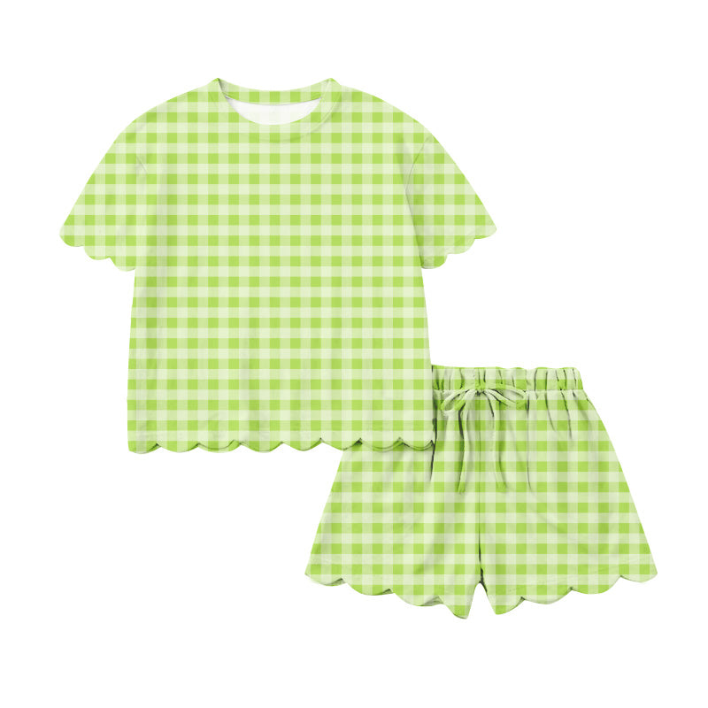 MOQ 5 PCS preorder GSSO3222 Adult Female Light Green Plaid Ruffle Short Sleeve Shorts Sets 202601