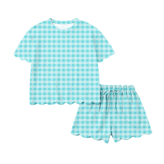MOQ 5 PCS preorder GSSO3223 Adult Female Blue Green Plaid Ruffle Short Sleeve Shorts Sets 202601