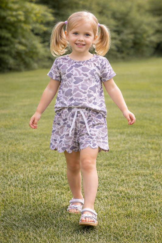GSSO3226 Gray Blue Camouflage Ruffle Short Sleeve Shorts Girls Sets 202604 RTS