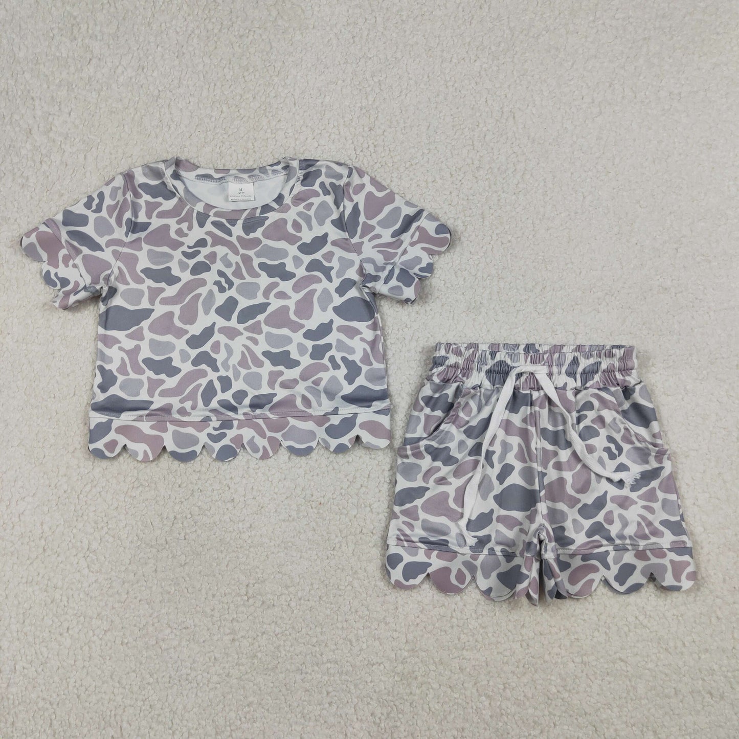 GSSO3226 Gray Blue Camouflage Ruffle Short Sleeve Shorts Girls Sets 202604 RTS