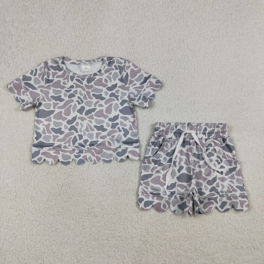 GSSO3226 Gray Blue Camouflage Ruffle Short Sleeve Shorts Girls Sets 202604 RTS
