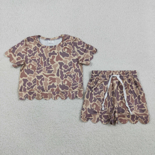 GSSO3227 Brown Camouflage Ruffle Short Sleeve Shorts Girls Sets 202603 RTS