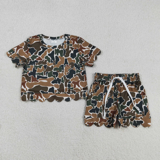 GSSO3228 Brown Green Camouflage Ruffle Short Sleeve Shorts Girls Sets 202603 RTS