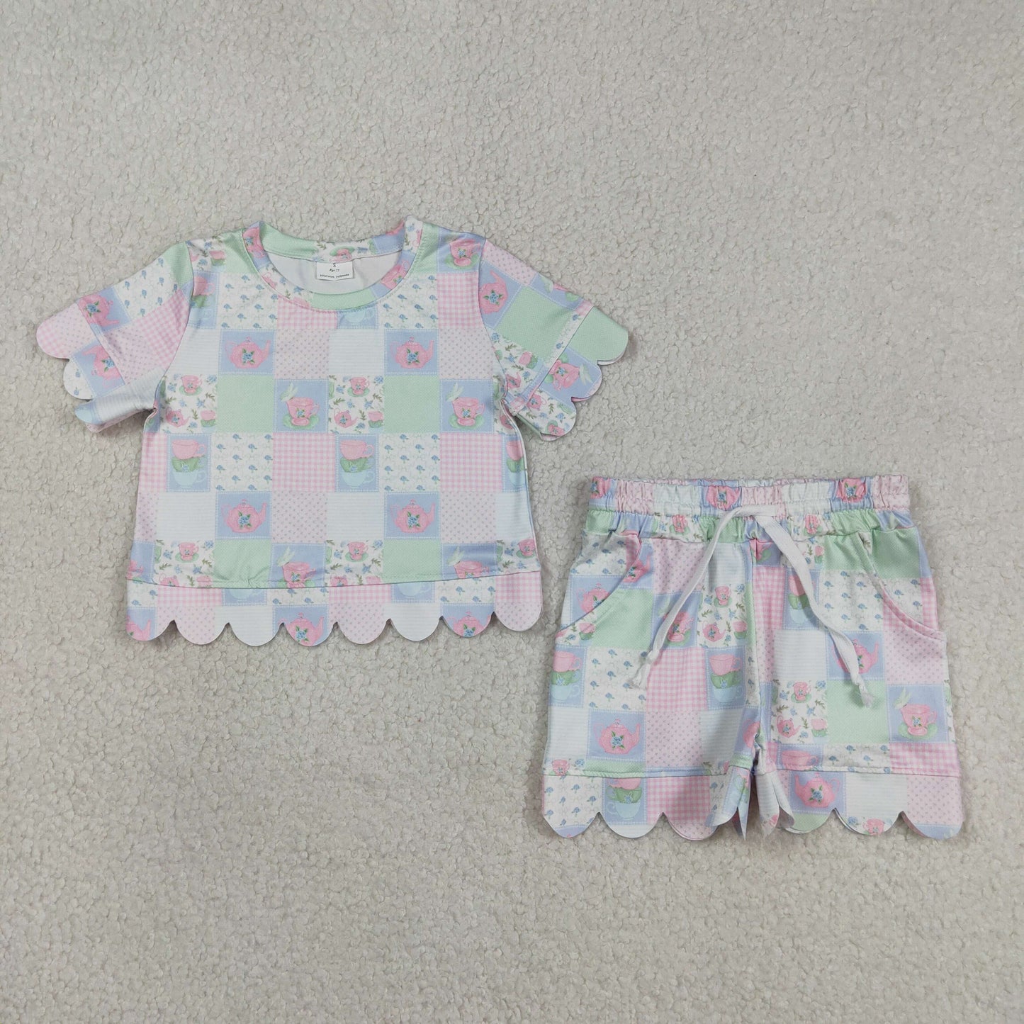 GSSO3229 Flower Plaid Patchwork Short Sleeve Shorts Girls Sets 202603 RTS