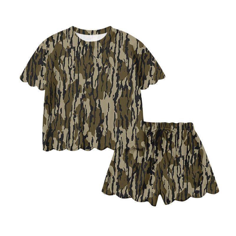 MOQ 5 PCS preorder GSSO3231 Adult Female Army Green Leaf Camouflage Ruffle Short Sleeve Shorts Sets 202601