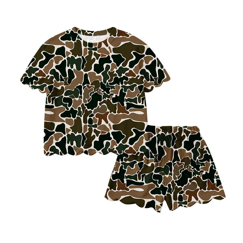 MOQ 5 PCS preorder GSSO3234 Adult Female Brown Green Camouflage Ruffle Short Sleeve Shorts Sets 202601