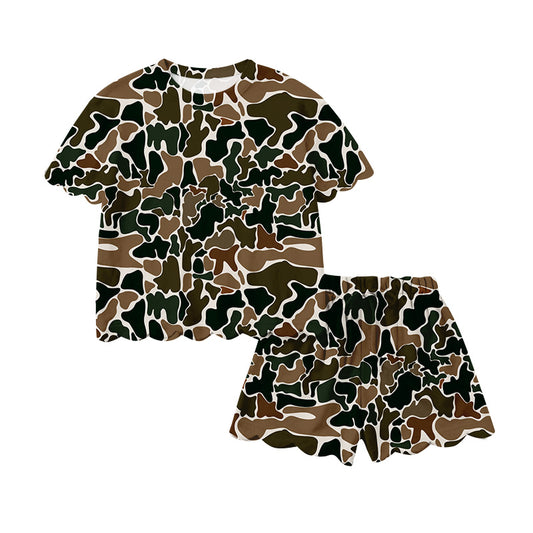 MOQ 5 PCS preorder GSSO3234 Adult Female Brown Green Camouflage Ruffle Short Sleeve Shorts Sets 202601