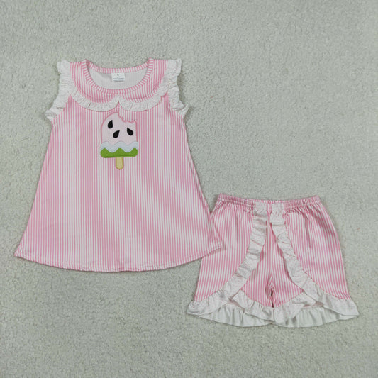 GSSO3238 Embroidered Watermelon Ice Cream Pink Doll Collar Ruffle Sleeveless Shorts Girls Sets 202605 RTS