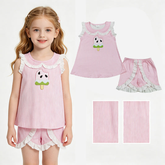 GSSO3238 Embroidered Watermelon Ice Cream Pink Doll Collar Ruffle Sleeveless Shorts Girls Sets 202605 RTS