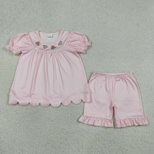 GSSO3239 Embroidered Watermelon Pink Short Sleeve Shorts Girls Sets 202605 RTS