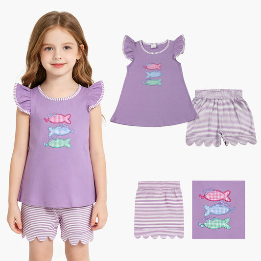 GSSO3242 Embroidered Fishing Pattern Purple Flying Sleeve Stripe Shorts Girls Sets 202605 RTS