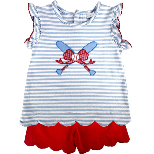 MOQ 5 PCS Preorder GSSO3244 Baseball Blue Stripe Red Ruffle Sleeveless Shorts Girls Sets 202601