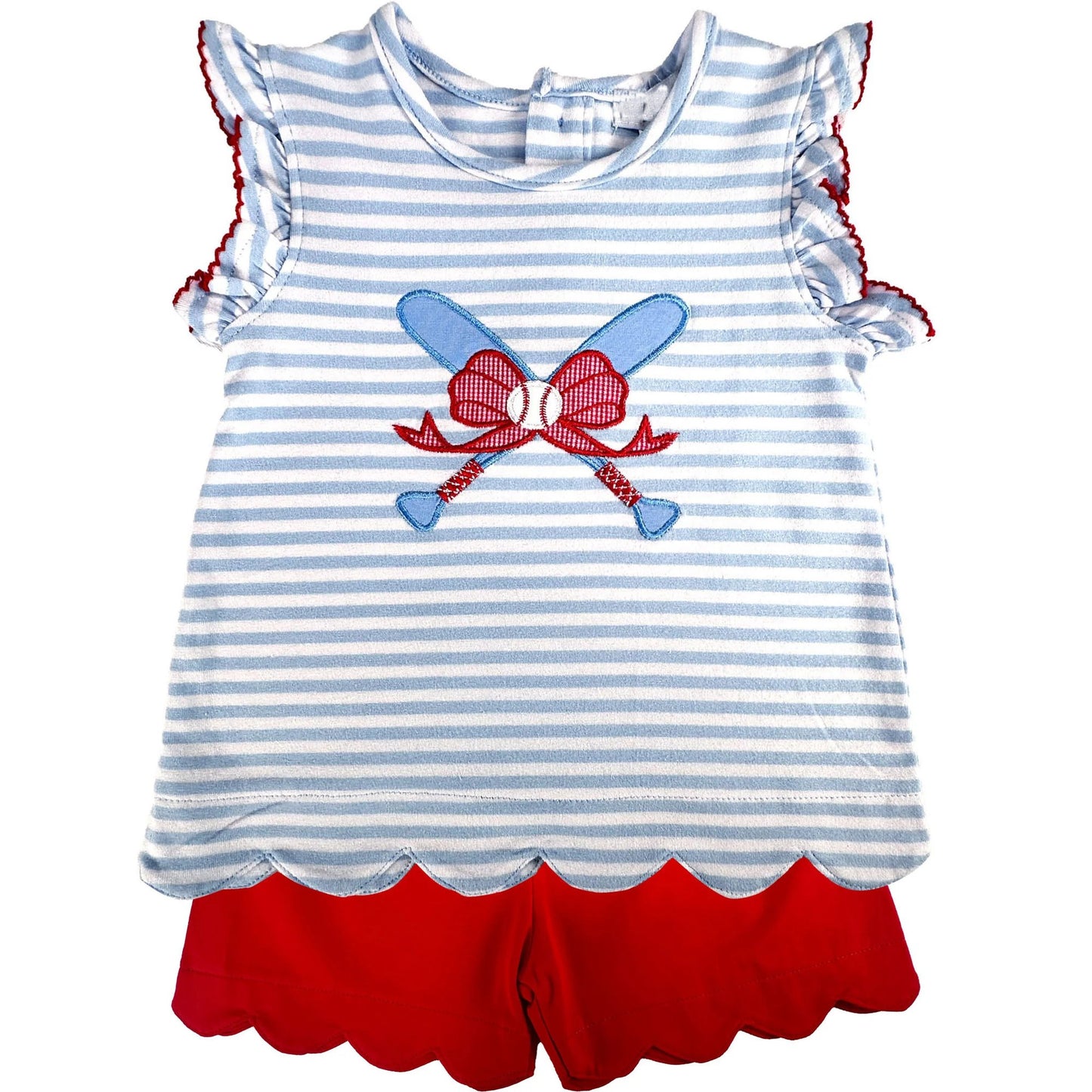 MOQ 5 PCS Preorder GSSO3244 Baseball Blue Stripe Red Ruffle Sleeveless Shorts Girls Sets 202601