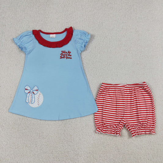 GSSO3245 Embroidered Baseball Bow Red Ruffle Blue Short Sleeve Shorts Girls Sets 202604 RTS