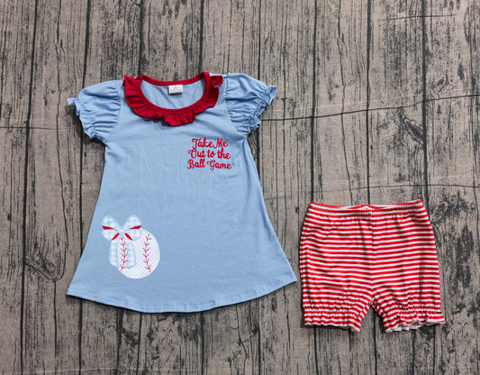 NO MOQ Preorder GSSO3245 Embroidered Baseball Bow Red Ruffle Blue Short Sleeve Shorts Girls Sets 202601