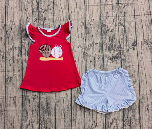 NO MOQ preorder GSSO3246 Embroidered Baseball Gloves Red Fly Sleeve Top Blue Stripe Ruffle Shorts Girls Sets 202602