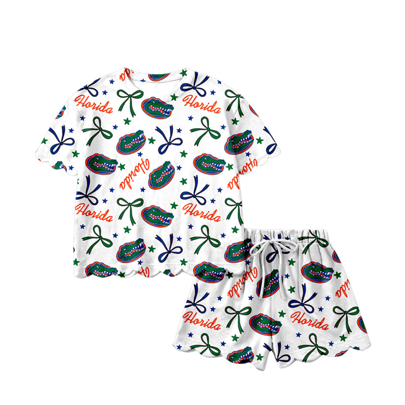 MOQ 5 PCS Preorder GSSO3249 Go Team Florida Crocodile Star Blue Green Bow White Ruffle Short Sleeve Shorts Girls Sets 202601