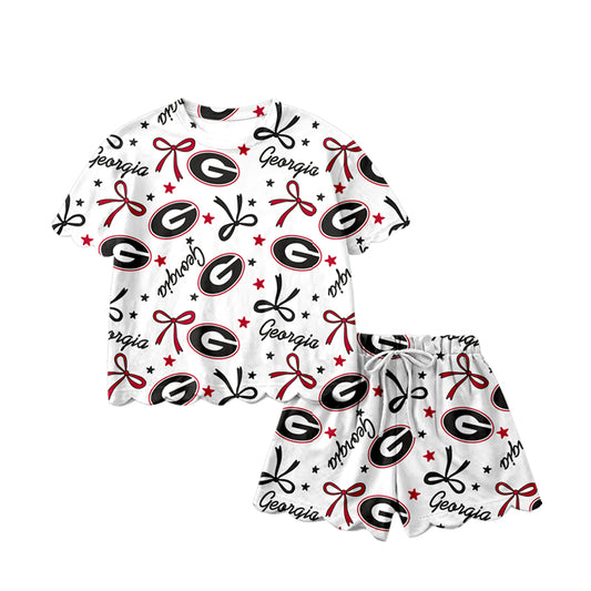 MOQ 5 PCS Preorder GSSO3250 Go Team Georgia G letter Star Red Black Bow White Ruffle Short Sleeve Shorts Girls Sets 202601