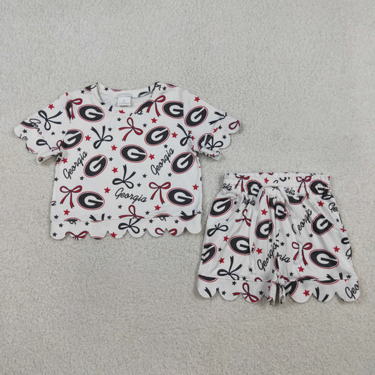 GSSO3250 Go Team Georgia G letter Star Red Black Bow White Ruffle Short Sleeve Shorts Girls Sets 202603 RTS