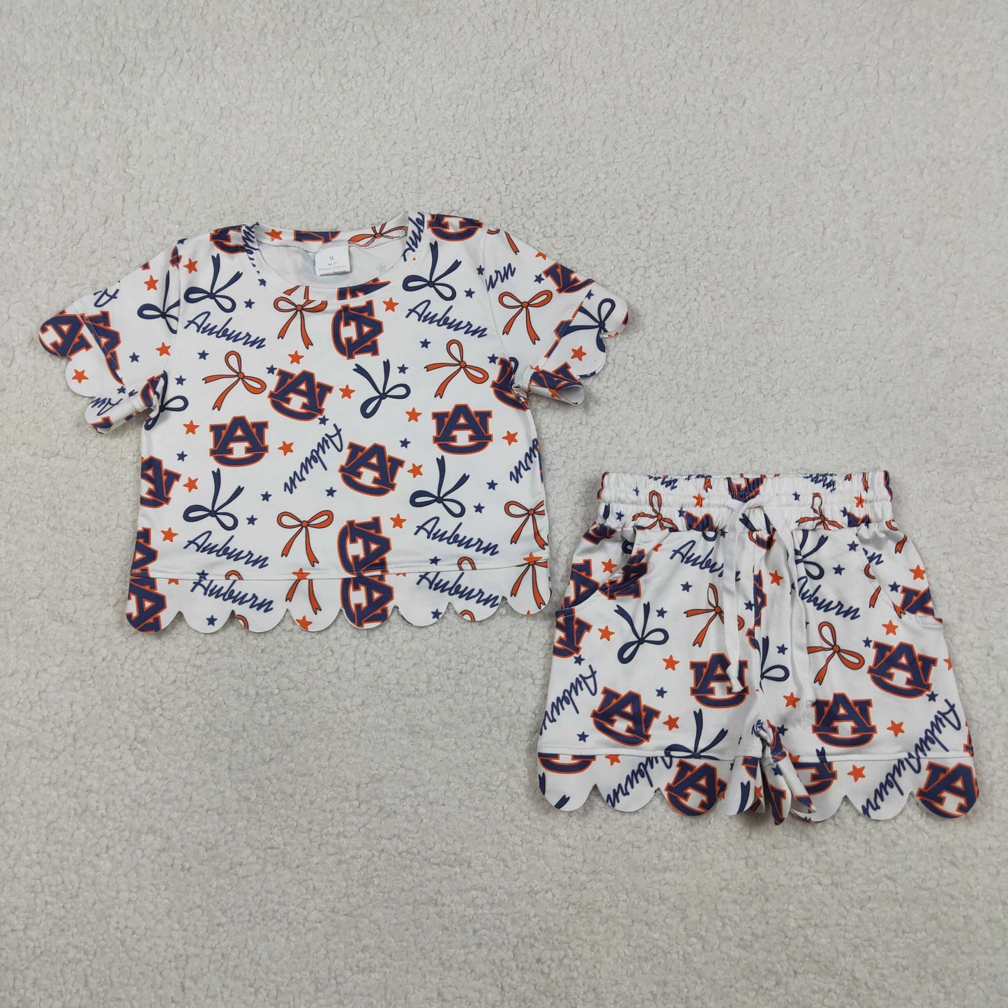 GSSO3252 Go Team Auburn AU Letter Star Blue Orange Bow White Ruffle Short Sleeve Shorts Girls Sets 202603 RTS