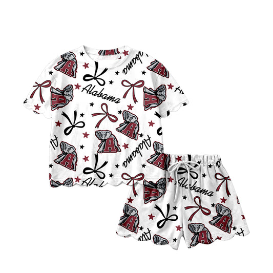 MOQ 5 PCS Preorder GSSO3253 Go Team alabama Elephant Star Dark Red Black Bow White Ruffle Short Sleeve Shorts Girls Sets 202601