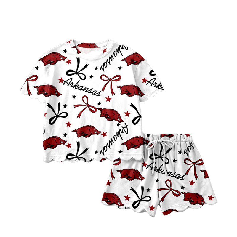 MOQ 5 PCS Preorder GSSO3254 Go Team arkansas Wild Boar Star Red and Black Bow White Ruffle Short Sleeve Shorts Girls Sets 202601