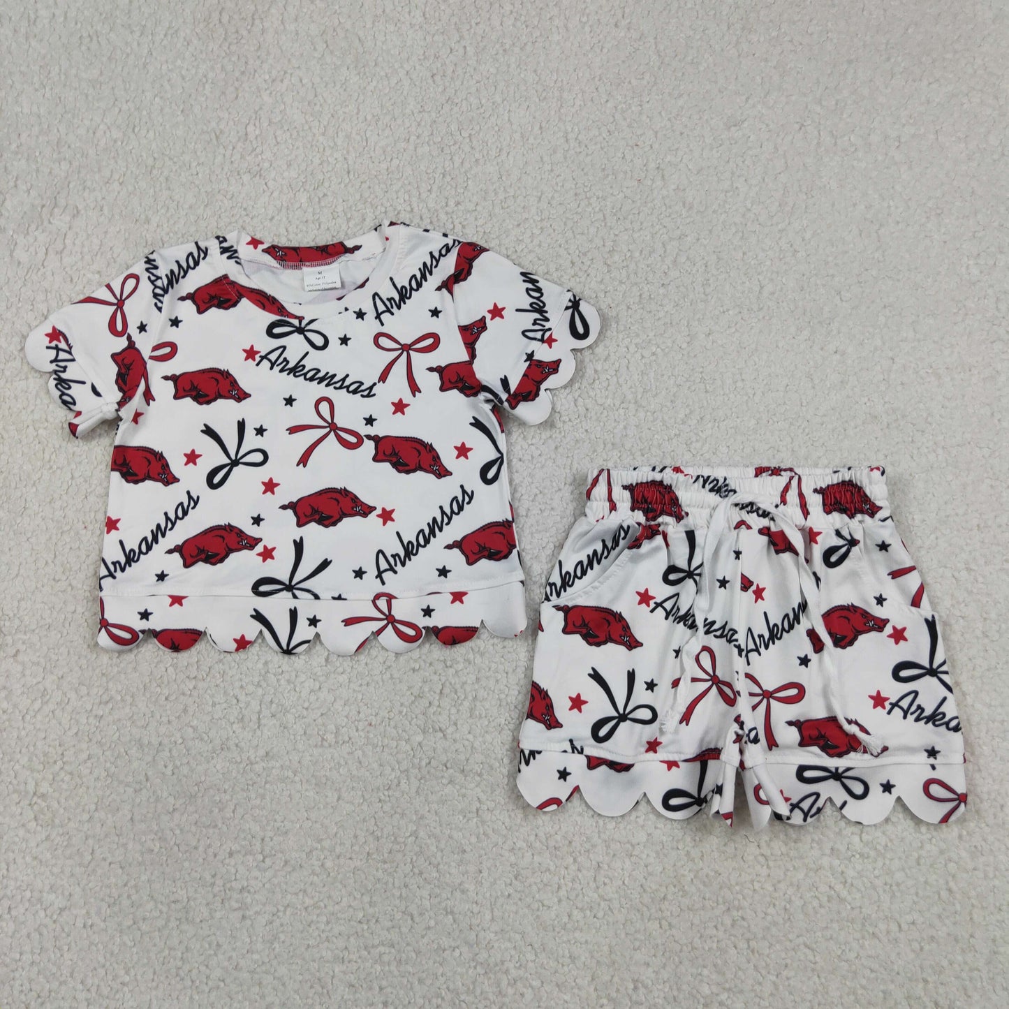 GSSO3254 Go Team arkansas Wild Boar Star Red and Black Bow White Ruffle Short Sleeve Shorts Girls Sets 202605 RTS