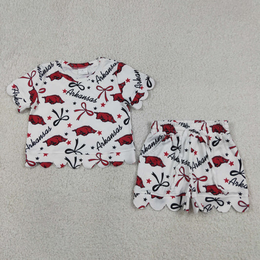 GSSO3254 Go Team arkansas Wild Boar Star Red and Black Bow White Ruffle Short Sleeve Shorts Girls Sets 202605 RTS