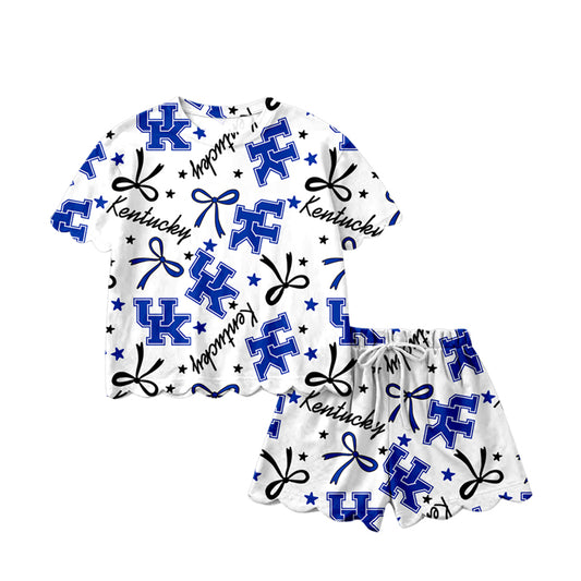 MOQ 5 PCS Preorder GSSO3255 Go Team Kentucky UK Letter Star Blue Black Bow White Ruffle Short Sleeve Shorts Girls Sets 202601