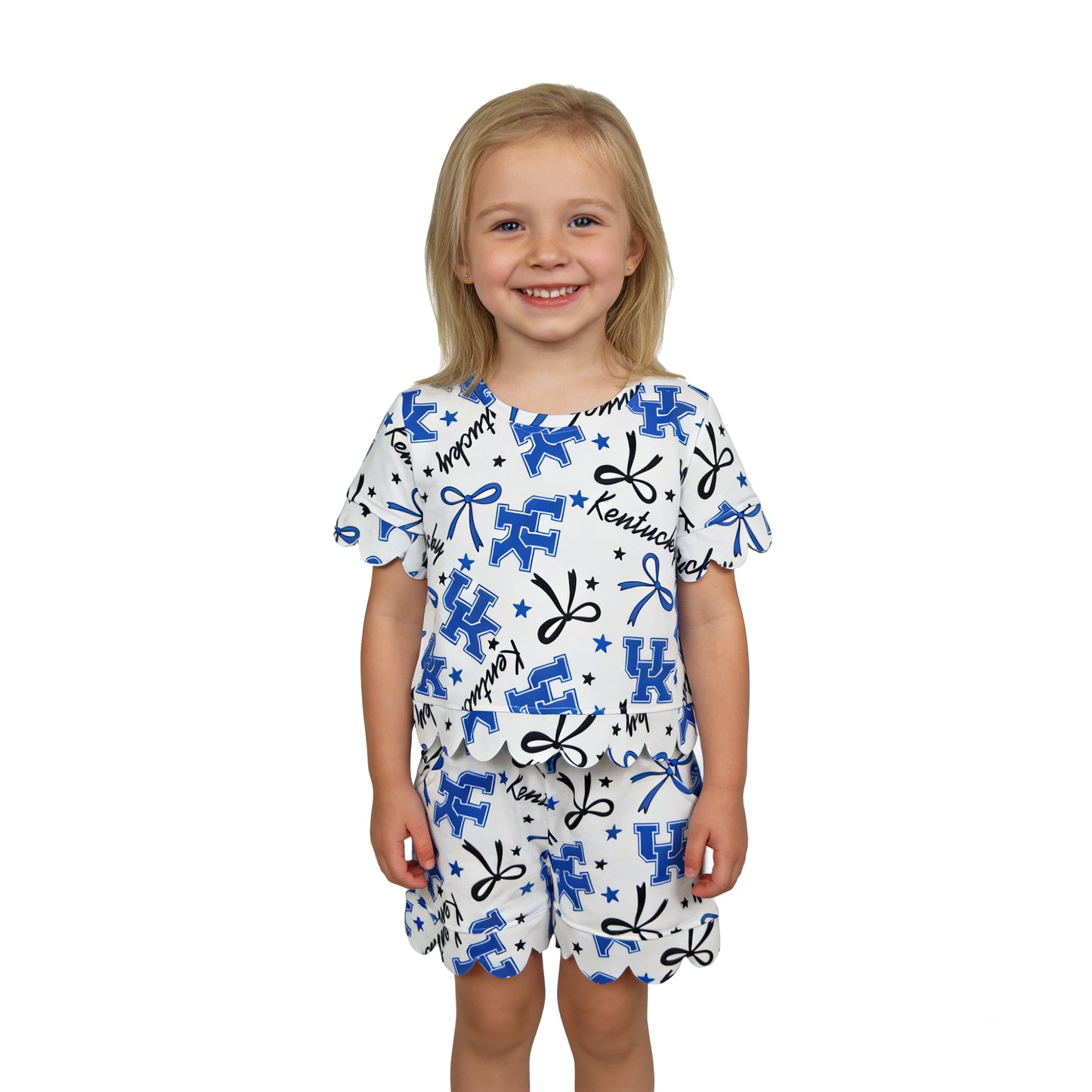 GSSO3255 Go Team Kentucky UK Letter Star Blue Black Bow White Ruffle Short Sleeve Shorts Girls Sets 202603 RTS