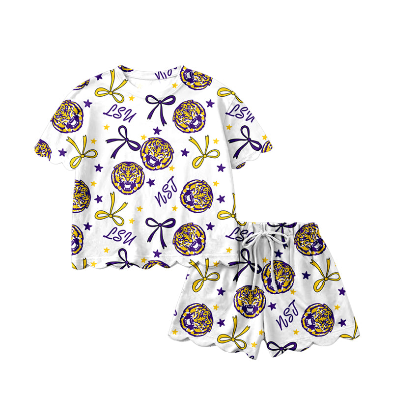 MOQ 5 PCS Preorder GSSO3256 Go Team LSU Letter Tiger Star Yellow Purple Bow White Ruffle Short Sleeve Shorts Girls Sets 202601
