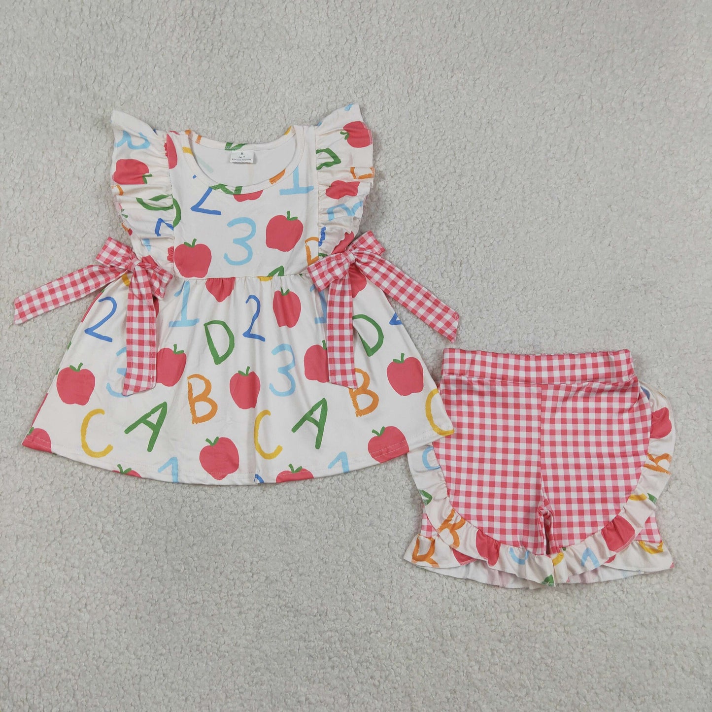 GSSO3258 Back to School Apple Letter Red Plaid Bows Sleeveless Shorts Girls Sets 202604 RTS