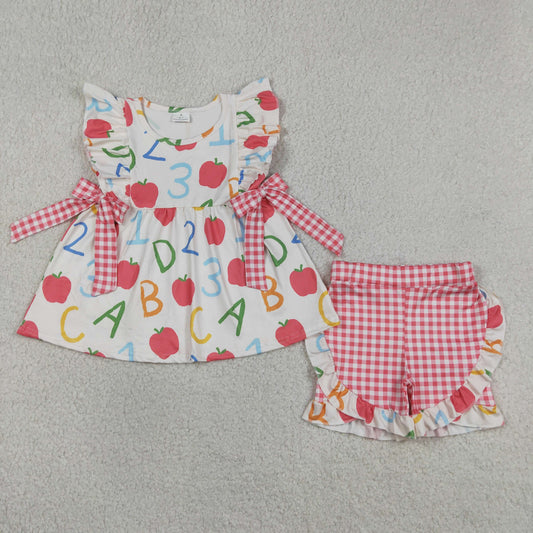 GSSO3258 Back to School Apple Letter Red Plaid Bows Sleeveless Shorts Girls Sets 202604 RTS
