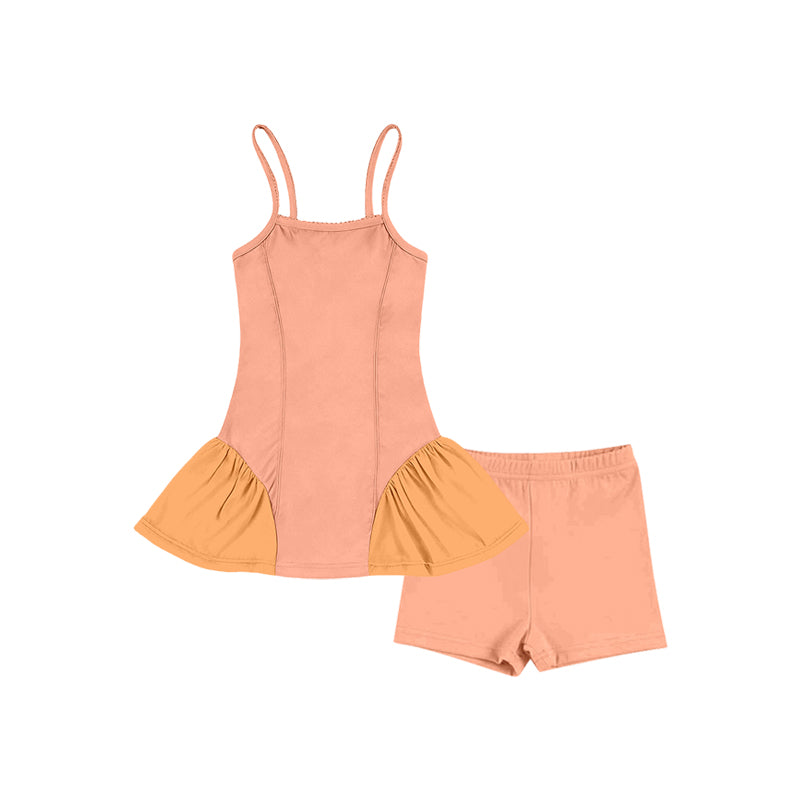 MOQ 5 preorder GSSO3261 Light Orange Patchwork Sleeveless Top with Shorts Girls Yoga Sets 202601