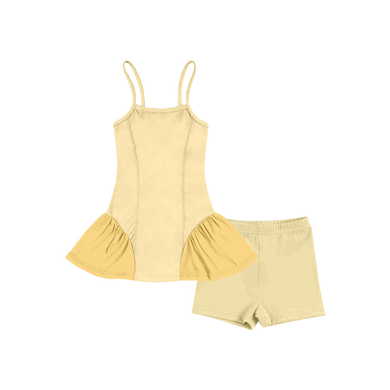 MOQ 5 preorder GSSO3262 Light Yellow Patchwork Sleeveless Top with Shorts Girls Yoga Sets 202601
