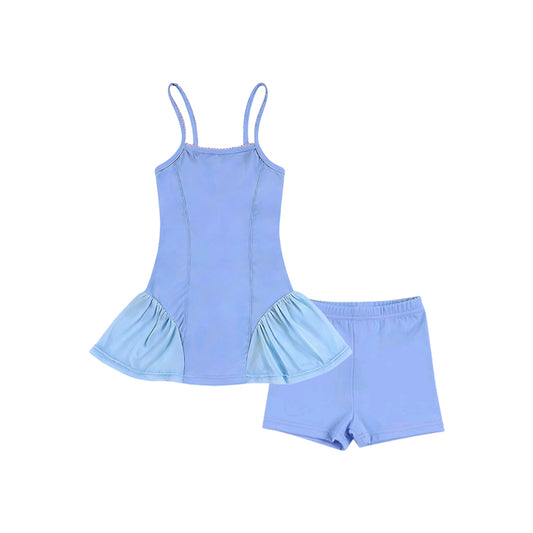 MOQ 5 preorder GSSO3264 Light Blue Patchwork Sleeveless Top with Shorts Girls Yoga Sets 202601