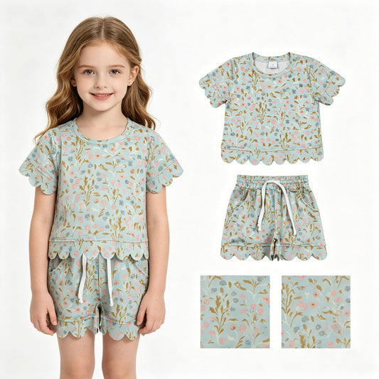 GSSO3266 Flower Leaf Ruffle Pea Green Short Sleeve Shorts Girls Sets 202604 RTS