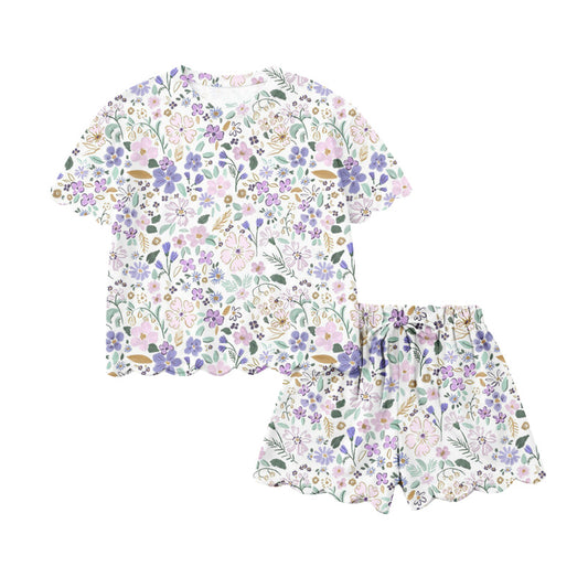 MOQ 5 PCS Preorder GSSO3267 Pink Purple Flower Leaf Ruffle White Short Sleeve Shorts Girls Sets 202601