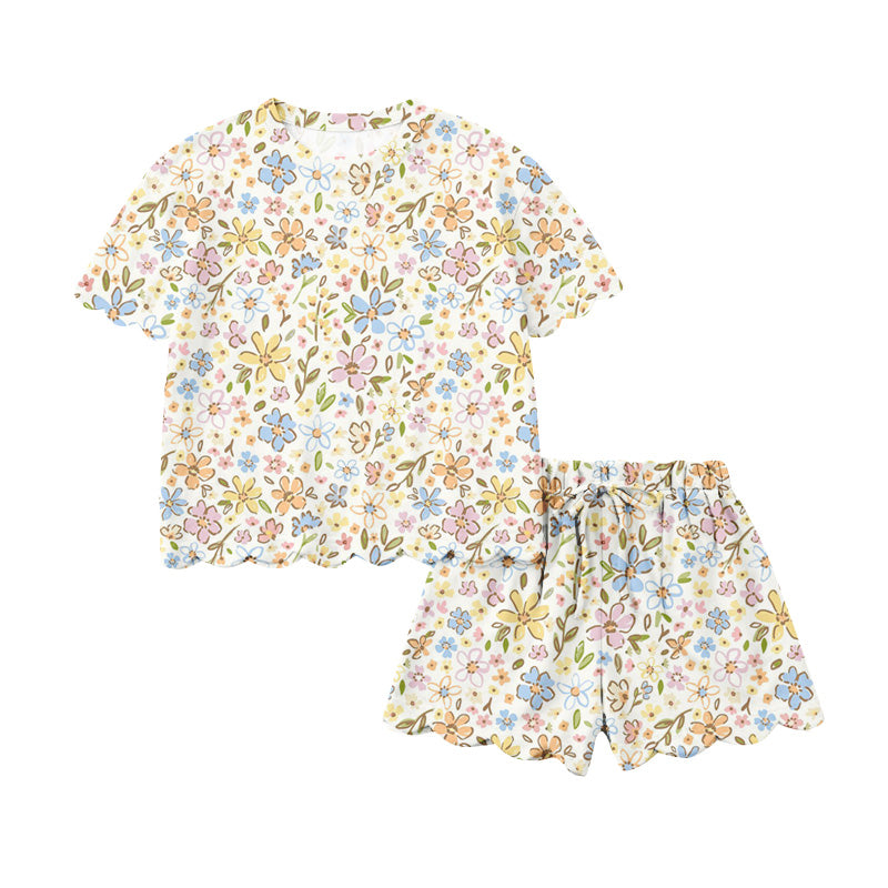 MOQ 5 PCS Preorder GSSO3268 Yellow Blue Pink Flower Leaf Ruffle Short Sleeve Shorts Girls Sets 202601