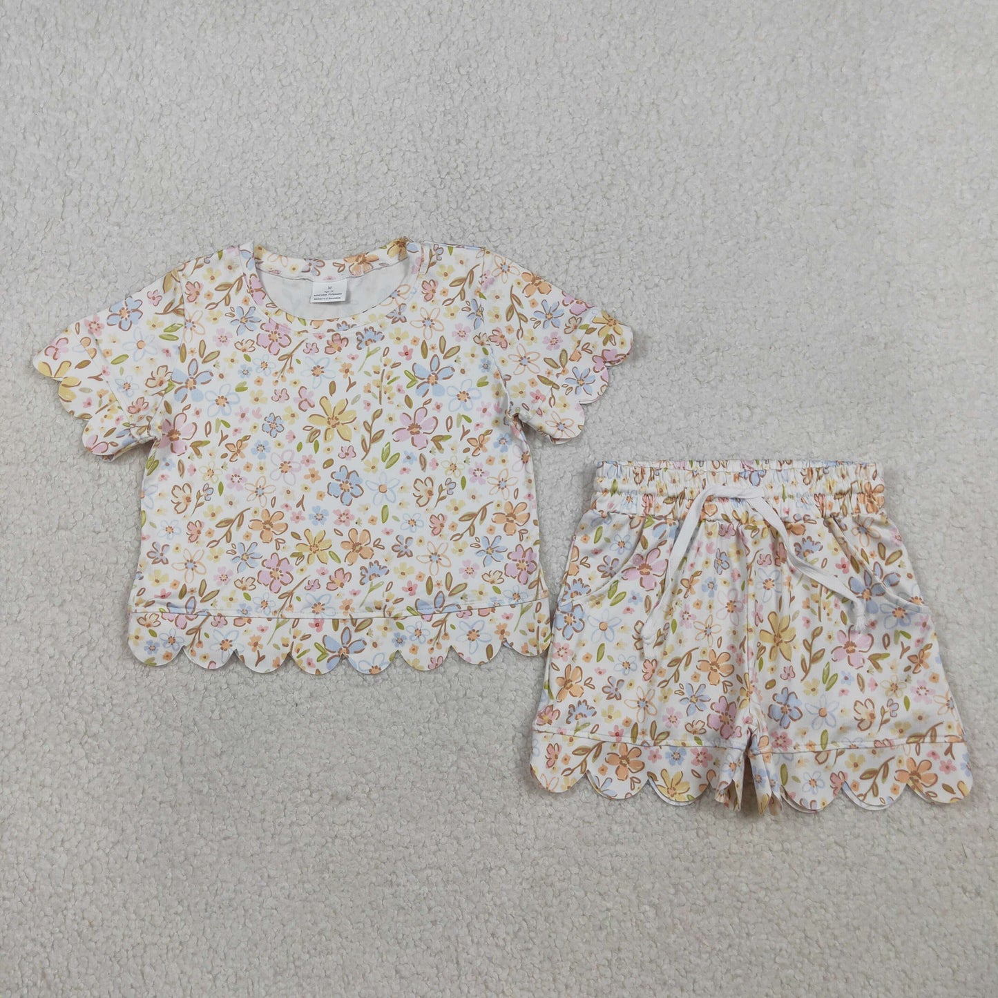 GSSO3268 Yellow Blue Pink Flower Leaf Ruffle Short Sleeve Shorts Girls Sets 202603 RTS