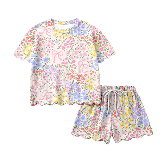 MOQ 5 PCS Preorder GSSO3270 Colored Flower Pink Bows Ruffle Short Sleeve Shorts Girls Sets 202601