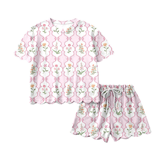 MOQ 5 PCS Preorder GSSO3271 Flower Pink White Ruffle Short Sleeve Shorts Girls Sets 202601